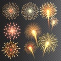 Festive fireworks collection. Realistic colorful firework on transparent background. Multicolored explosion. Christmas Royalty Free Stock Photo