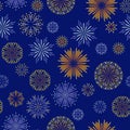 Festive fireworks on dark blue background seamless pattern. Vector illustration