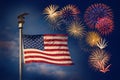 Festive fireworks display with American flag Royalty Free Stock Photo