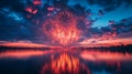 Festive fireworks display over lake at sunset Royalty Free Stock Photo
