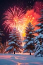 Festive Fireworks Explode Over Snow- Covered Pine Trees at Night celebration new year Royalty Free Stock Photo