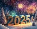 Winter night sky lit up by fireworks above 3d numbers 2025 with snowy trees below