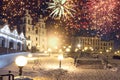 Festive fireworks in night Minsk, Belarus. Beautiful salute over Minsk city. Firework Royalty Free Stock Photo