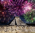 Festive fireworks over Famous El Castillo pyramid in Yucatan, Mexico