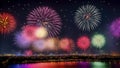 Festive fireworks over surface of the water in form of colorful balls. Waterfront fireworks. Royalty Free Stock Photo