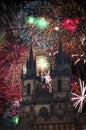 Festive fireworks in Prague at night. Royalty Free Stock Photo