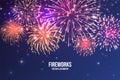 Festive fireworks. Realistic colorful firework on blue abstract background. Multicolored explosion. Christmas or New Royalty Free Stock Photo