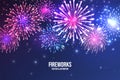 Festive fireworks. Realistic colorful firework on blue abstract background. Multicolored explosion. Christmas or New Royalty Free Stock Photo