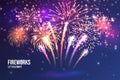 Festive fireworks. Realistic colorful firework on blue abstract background. Multicolored explosion. Christmas or New Royalty Free Stock Photo