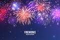 Festive fireworks. Realistic colorful firework on blue abstract background. Multicolored explosion. Christmas or New Royalty Free Stock Photo