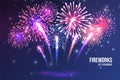 Festive fireworks. Realistic colorful firework on blue abstract background. Multicolored explosion. Christmas or New Royalty Free Stock Photo