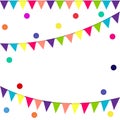 Festive flags and confetti. Carnival party. Garland of colour flags and confetti. Holiday background, greeting card template, invi