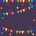 Festive flags and confetti. Carnival party. Garland of colour flags and confetti. Holiday background, greeting card template, invi