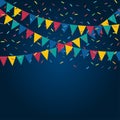 Festive flags and confetti. Carnival party. Garland of colour flags and confetti. Holiday background