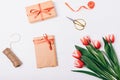 Festive flat lay arrangement of process of wrapping gifts