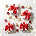 Elegant Christmas Gift Boxes with Red Bows and Holiday Decorations Royalty Free Stock Photo