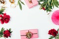 Festive flat layout of pink gift boxes