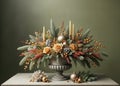 Festive Floral Arrangement with Candles and Baubles for Christmas