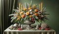 Festive Floral Arrangement with Candles and Baubles for Christmas