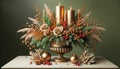 Festive Floral Arrangement with Candles and Baubles for Christmas