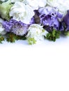 Festive floral arrangement in soft pastel colors. White and purple flowers on a white background. Irises and carnations in a luxur Royalty Free Stock Photo