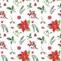 Festive floral Christmas background. Watercolor seamless pattern with plants elements, poinsettia flower, pine branch, holly, Royalty Free Stock Photo