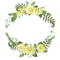 Festive floral frame with yellow dahlia flowers, fern leaves, br