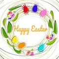 Festive floral wreath of twigs, leaves and flowers. Painted multicolored decorative eggs, text Happy Easter. Vector illustration Royalty Free Stock Photo