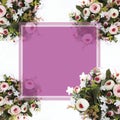 Festive flower composition with greeting card on the white background. Overhead view - Image