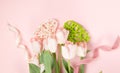 Flowers composition. Frame made of pink flowers on white background. Valentine& x27;s Day. Flat lay, top view.