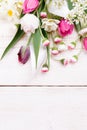 Flowers composition. Frame made of white flowers on white background. Valentine's Day. Flat lay, top view. Royalty Free Stock Photo