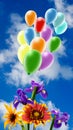 festive flowers and bright multi-colored inflatable balls against the background of the sky with clouds