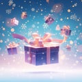 Festive flurry Gift boxes gracefully floating against a snowy backdrop