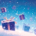 Festive flurry Gift boxes gracefully floating against a snowy backdrop