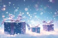 Festive flurry Gift boxes gracefully floating against a snowy backdrop