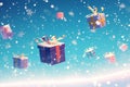 Festive flurry Gift boxes gracefully floating against a snowy backdrop