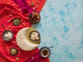 Festive food Ramadan background. Delicious homemade cake in the shape of a Crescent moon, served with dates and coffee cup