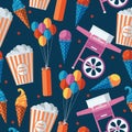 Festive food and sweets seamless pattern. Icecream, popcorn, cotton candy machine, baloons equipment. Repeat design for amusement Royalty Free Stock Photo