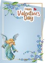 Festive frame, gifts for Valentine`s Day. Blue dress, angel girl and beautiful blue flowers. Greeting card, blue