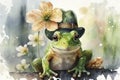 Festive Frog with Leprechaun Hat and Flowers for St. Patrick\'s Day Greeting Cards.