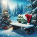 Christmas Art Card Featuring Santa Hat on Bench in Snowy Forest Setting. Generative ai for illustrations