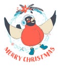 Festive Funny Merry Christmas card with bullfinch bird wearing e