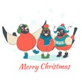 Festive Funny Merry Christmas card with three birds bullfinches