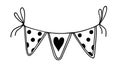 Festive garland with heart, vector icon. Cute triangular polka dot flags hanging on a rope. Decoration for Valentine