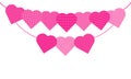 Festive garland with pink hearts with various white geometric patterns. Template vector banner isolated.