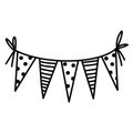 Festive garland vector icon. Hand drawn sketch isolated on white background. Cute triangular flags with stripes, polka dots