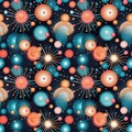 festive geometric seamless pattern with round multicolored circles on dark background