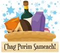 Festive Purim Basket with Snacks, Wine Bottle and Greeting Scroll, Vector Illustration