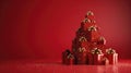 Festive Gift Box Christmas Tree on Red Background with Presents and Bows - 3D Rendered AI Generated Image Royalty Free Stock Photo