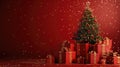 Festive Gift Box Christmas Tree on Red Background with Presents and Bows - 3D Rendered AI Generated Image Royalty Free Stock Photo
